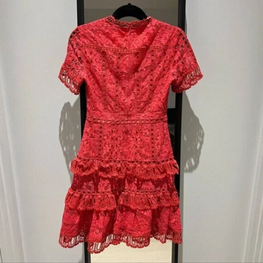 French Connection Red Lace Ruffled Layered Arta Tiered Sleeve Women Dress Size 8 - Picture 4 of 5